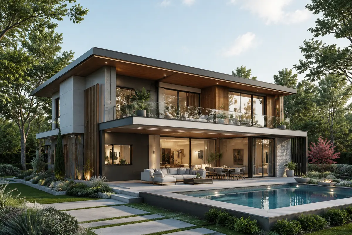 Maquete digital fictícia de casa contemporânea com jardim e piscina, exemplo de site imobiliário